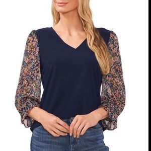 CeCe Navy V-neck Top with Sheer Floral Sleeves, L